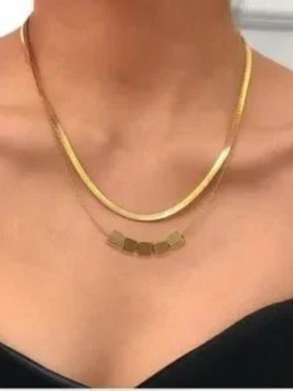 Gold 14k Gold Plated Snake Square Pendant Layered Necklace Modern Chic